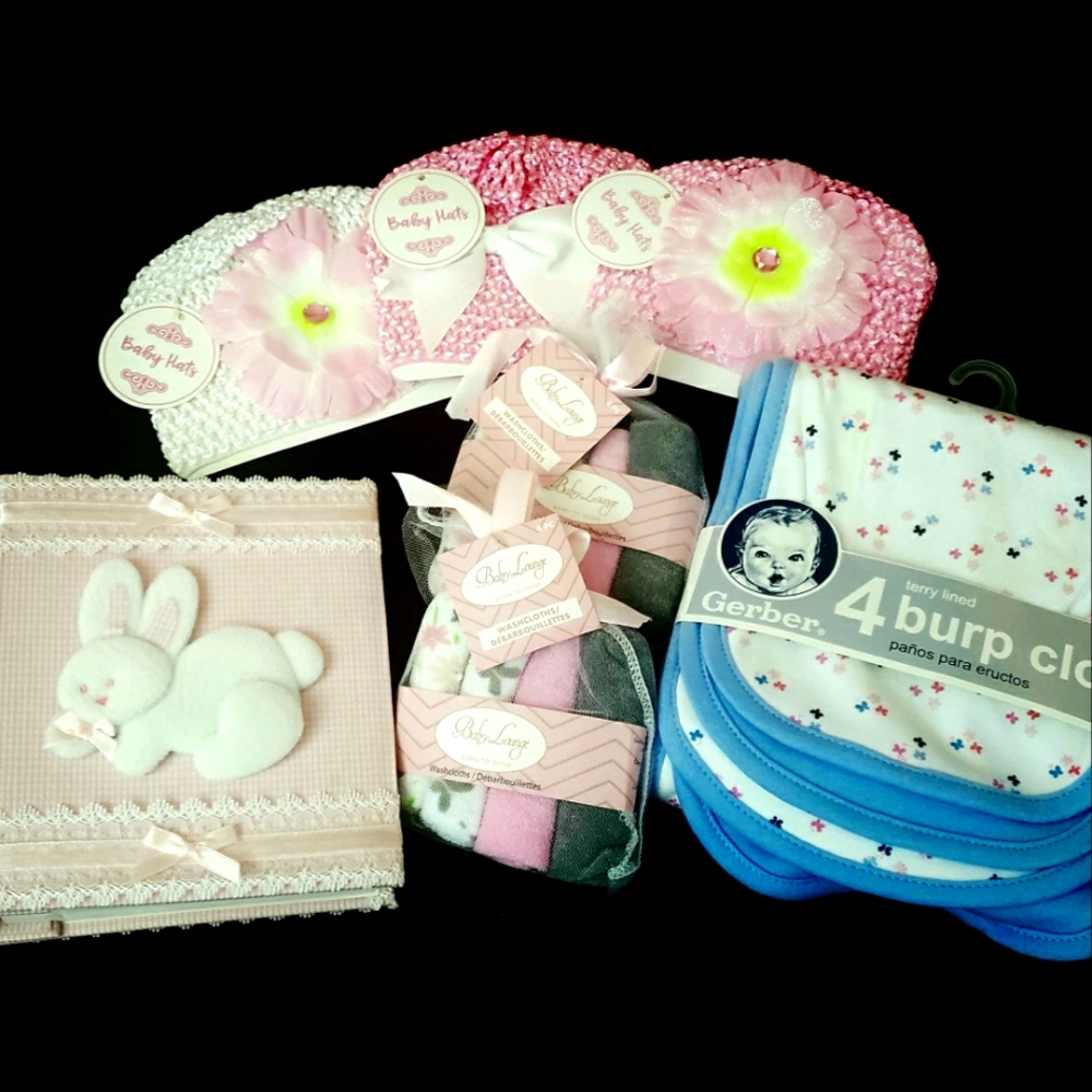 Keepsake Photo Album, baby hats, wash cloths, and burp cloth bundle - Picture 1 of 9